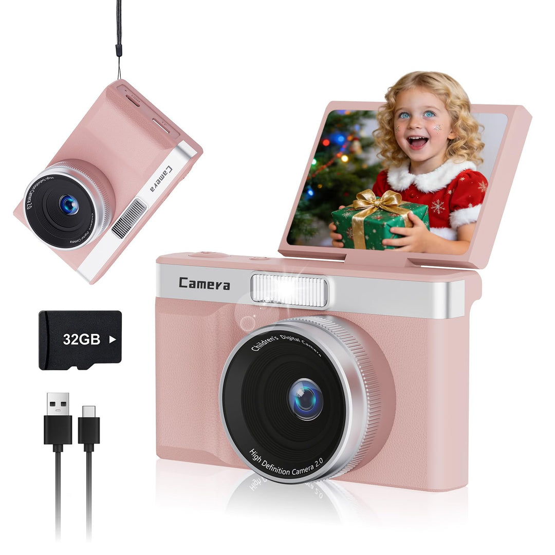 Kinderkamera Digitalkamera: 2 Zoll 180°Drehbildschirm, 30 MP Kamera, 32 GB Speicherkarte & 5X Digita