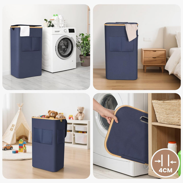 OUSFOT Wäschekorb mit Deckel 105L, Wäschesammler mit Griffen aus Bambus, Laundry Basket Wasserdicht
