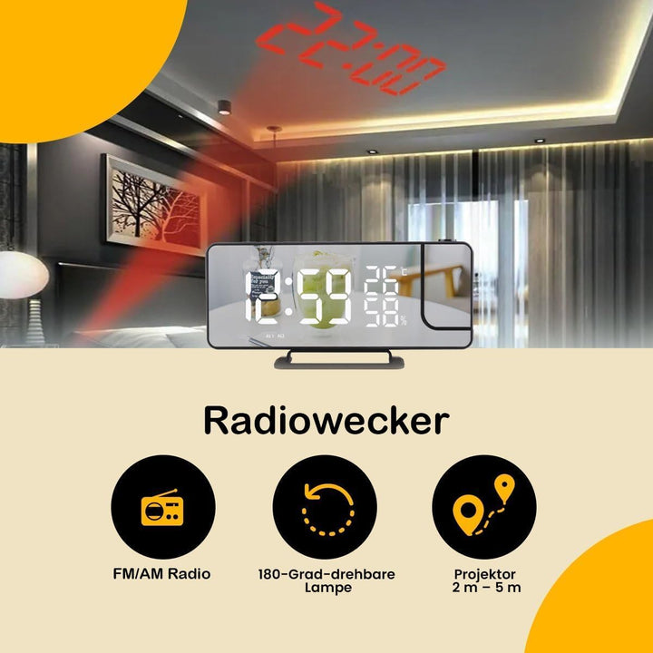 Schwarzer Wecker mit Led-Display, Doppelalarm, Schlummerfunktion, USB-Anschluss und Temperatursensor