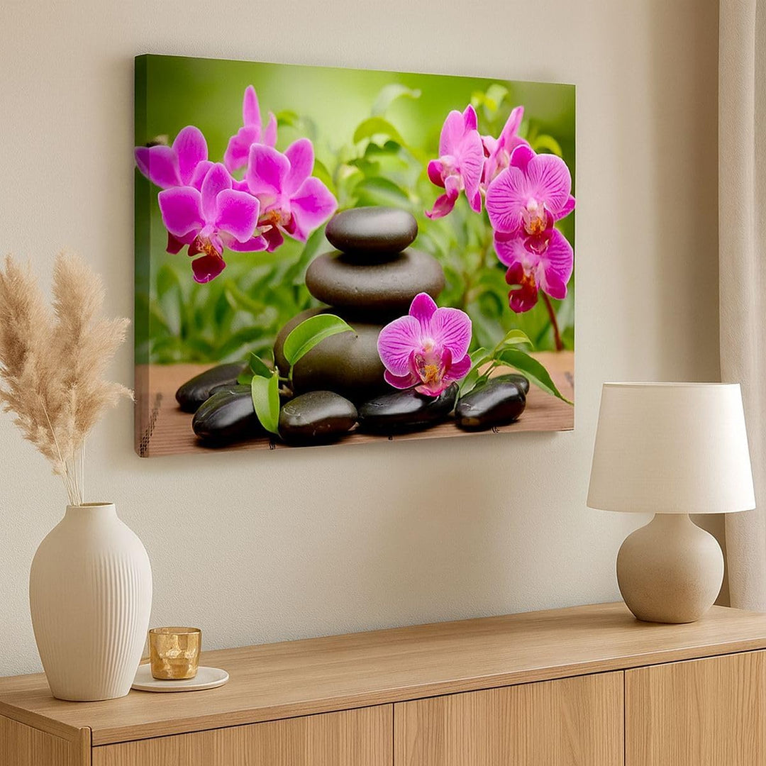 Bilder auf Leinwand 100x70cm Leinwandbild Blumen Steine Bambus Dekoration Gross Wanddeko Bild Schlaf