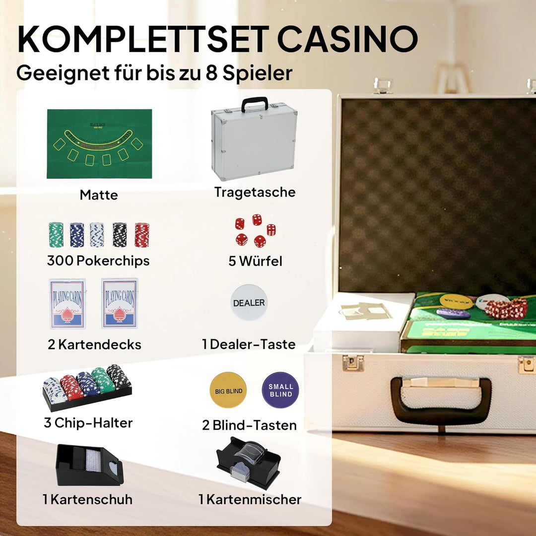 SPORTNOW Pokerkoffer abschliessbar Pokerset mit Koffer 300 Chips Karten 5 Würfel Dealer Button Karte