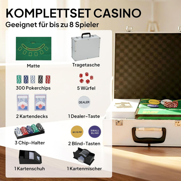SPORTNOW Pokerkoffer abschliessbar Pokerset mit Koffer 300 Chips Karten 5 Würfel Dealer Button Karte