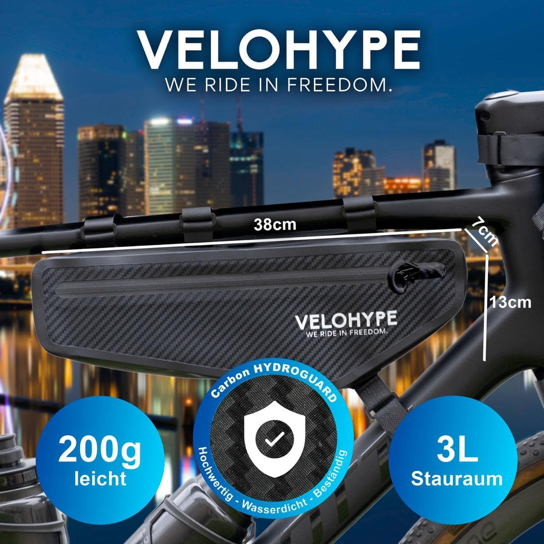 Velohype® Bikepacking Rahmentasche | 3 Liter | 100% Wasserdicht | extrem Fester Halt | reissfestes C