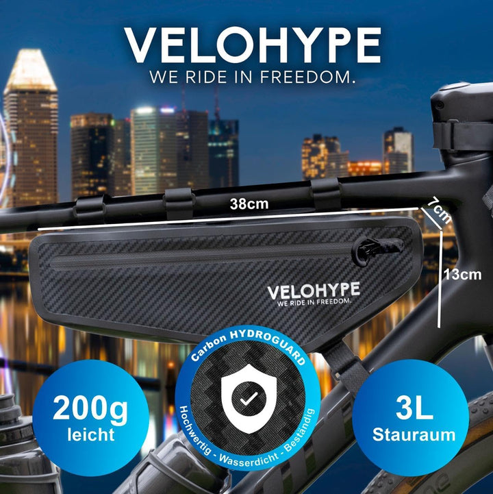 Velohype® Bikepacking Rahmentasche | 3 Liter | 100% Wasserdicht | extrem Fester Halt | reissfestes C