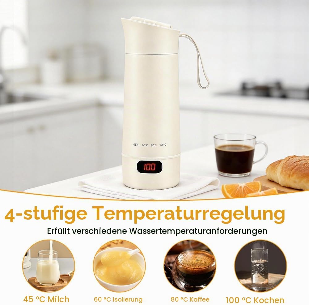 4 in 1 Reisewasserkocher Klein, 400ML Mini Elektrische Wassertasse 4 Temperatur, Kleiner Tragbarer W