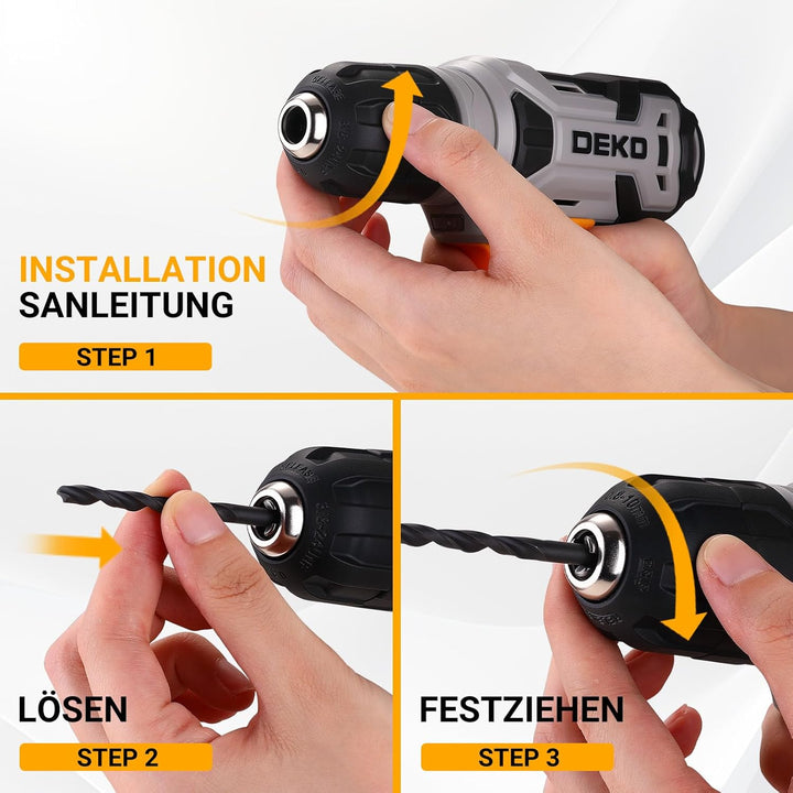 DEKO 126 Stück Elektrowerkzeug Combo Kits mit 8V Akku Bohrer, 10MM 3/8'' Keyless Chuck, Professionel
