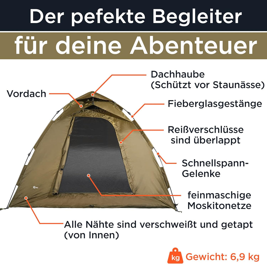 Q-Tac Ruck Zuck Bivvy Angelzelt 2 Mann [DAS ORIGINAL] Karpfenzelt mit herausnehmbarer Bodenplane, An