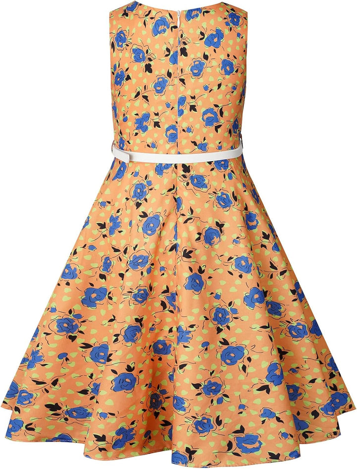 BONNY BILLY Mädchen Kleider Vintage Blumen Festlich Hochzeit Elegant Kinder Kleid mit Gürtel 7-8 Jah