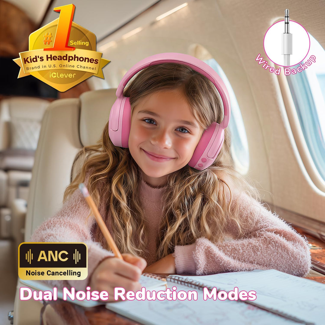 iClever Noise Cancelling Kopfhörer Kinder Bluetooth, 60H Spielzeit, 80dBA Sichere Lautstärke, Bequem