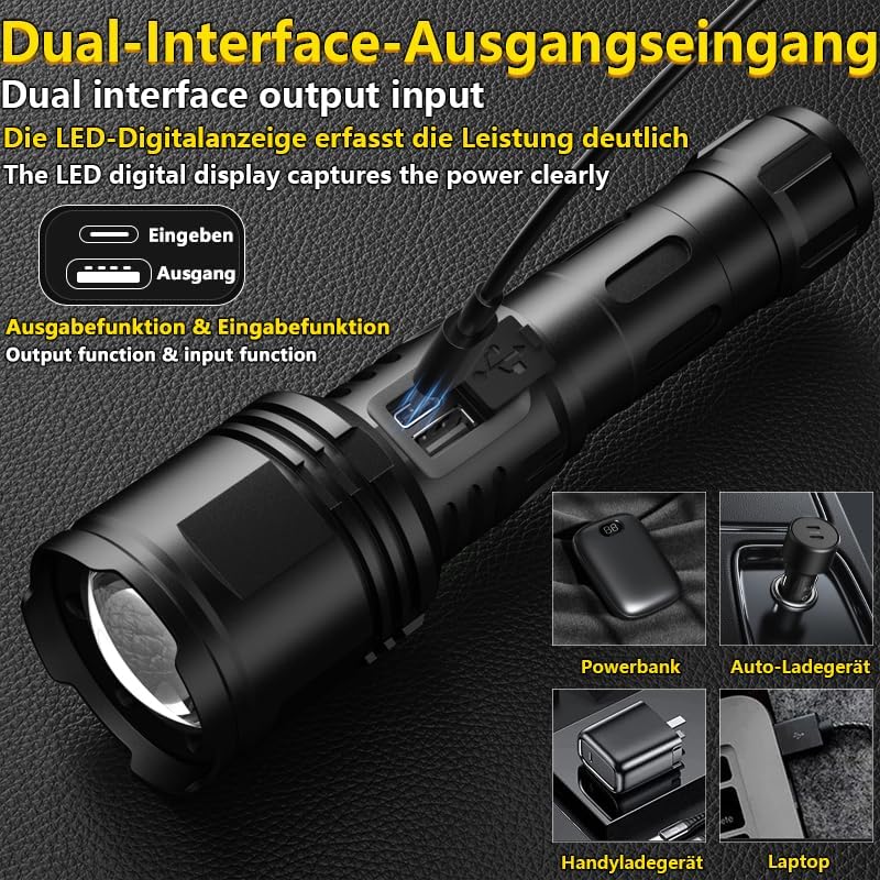 ASORT LED Taschenlampe Extrem Hell 40000 Lumen, Type-C Aufladbar, IPX67 Wasserdicht, Der LCD-Bildsch