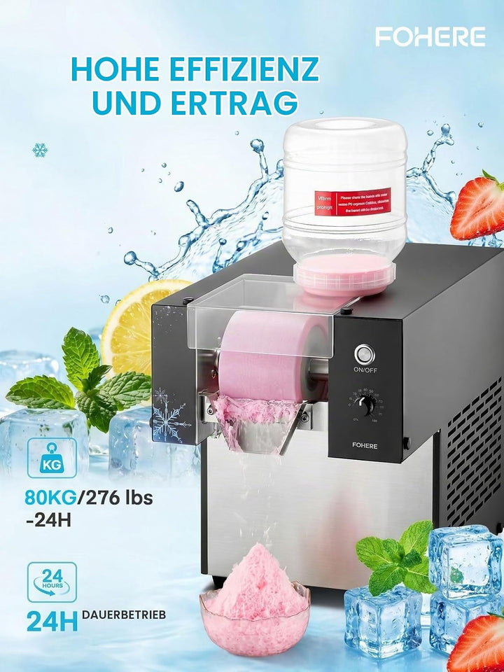 FOHERE Gewerbliche Schnee-Eismaschine 125kg/24h, Edelstahl Bingsu Maschine mit Selbstreinigungsfunkt