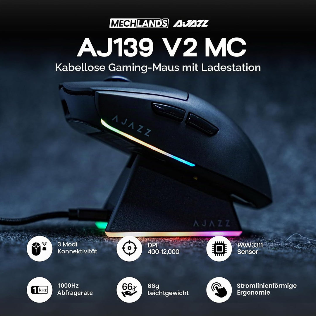 MechLands AJ139 V2 MC Gaming-Maus mit Ladestation, einstellbare 12000 DPI, PAW3311-Sensor, 3 Modi, k