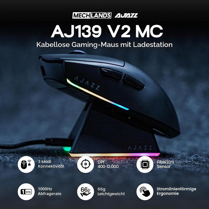 MechLands AJ139 V2 MC Gaming-Maus mit Ladestation, einstellbare 12000 DPI, PAW3311-Sensor, 3 Modi, k