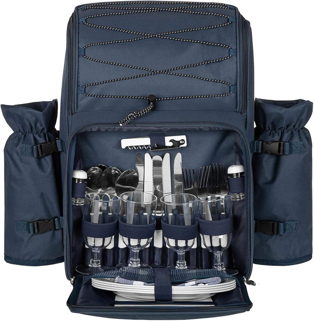 anndora Picknickrucksack mit Kühlfach Zubehör 29-teilig - blau weiss Navy Blau Weiss