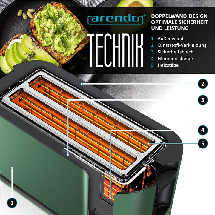 Arendo - Edelstahl Toaster Langschlitz 4 Scheiben- Touchscreen – Doppelwandgehäuse – 1500 W – Integr