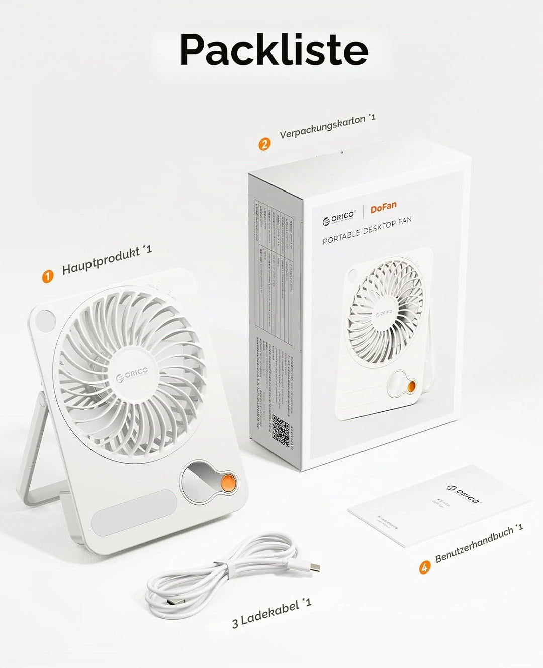 ORICO DoFan USB Tischventilator mit 3200 RPM, 3600mAh Akku &amp; LED Nachtlicht, 180° Flexibler Halterun