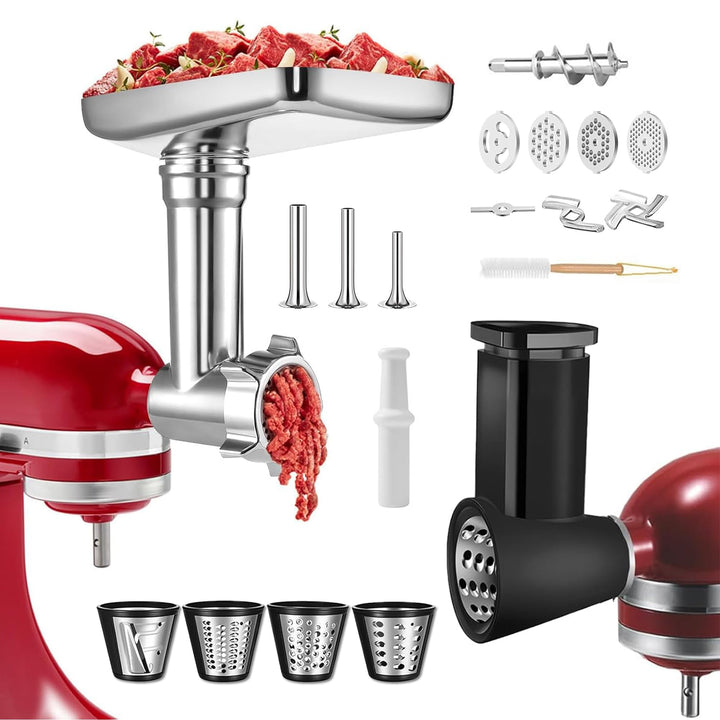 Edelstahl Fleischwolf Aufsatz für Kitchenaid, Mit 4 Gemüseschneideaufsatz 4 Mahlscheiben 3 Klingen 3
