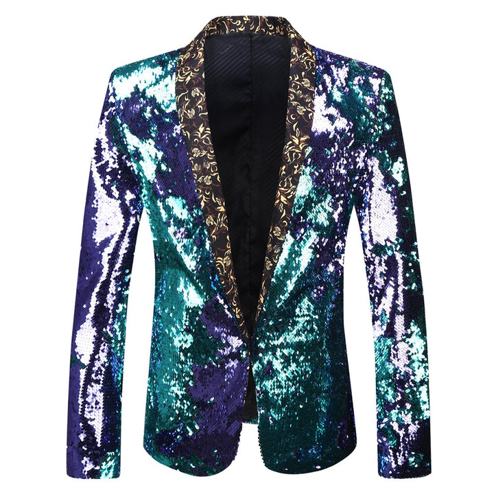 PYJTRL Herren-Blazer mit 2 Farben und glänzenden Pailletten XS Blau + Violett, XS Blau + Violett