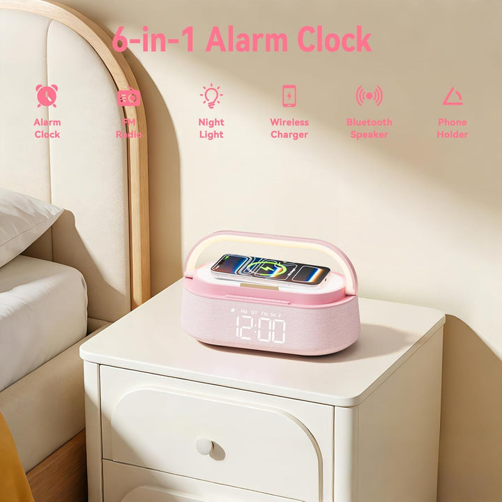COLSUR Radiowecker Digital mit Wireless Charger, Bluetooth Lautsprecher Smart Wecker Schlummerfunkti