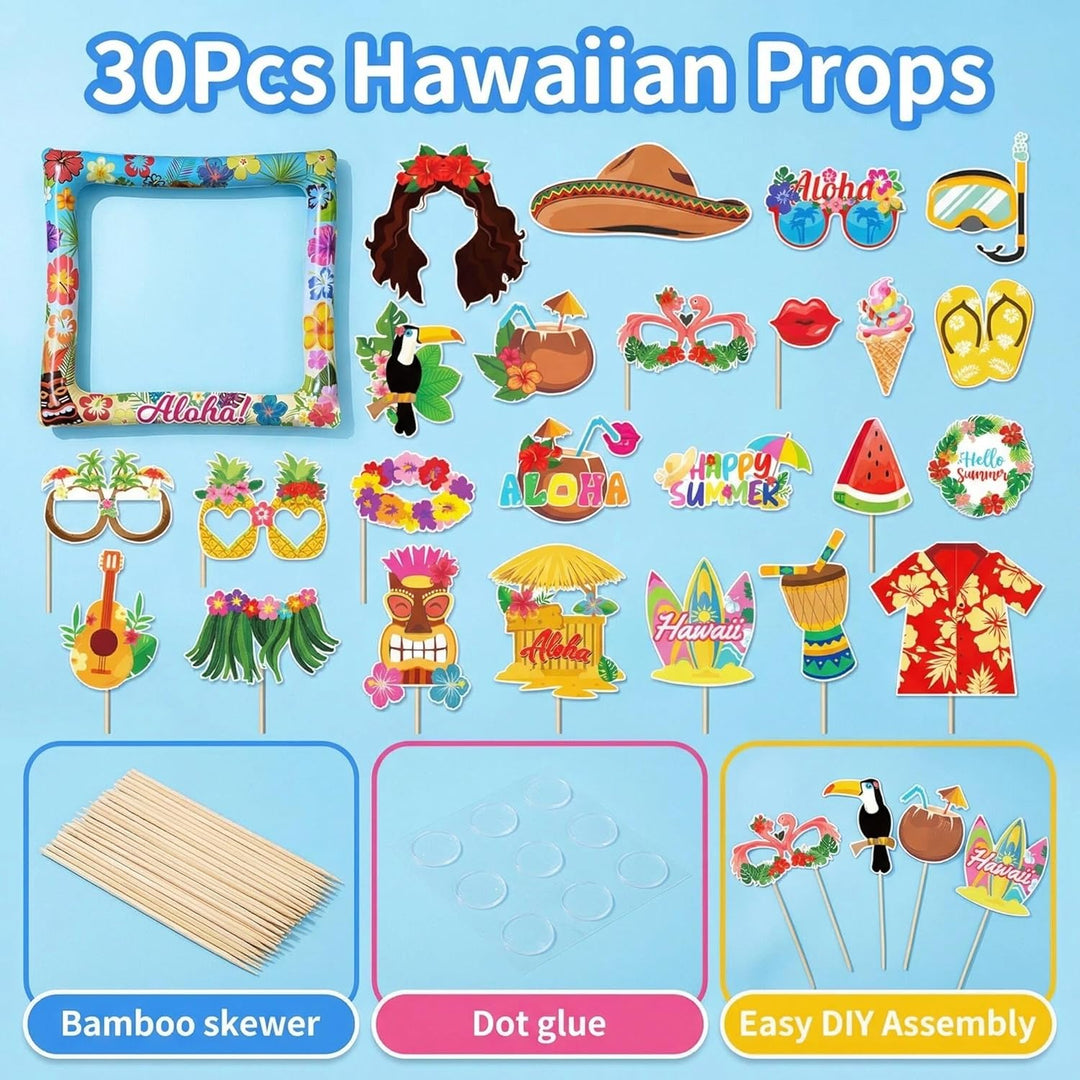 Hawaii Fotobox Accessoires 30 Stück mit Aufblasbarem Fotorahmen 75 x 65cm, Sommer Foto Requisiten, P
