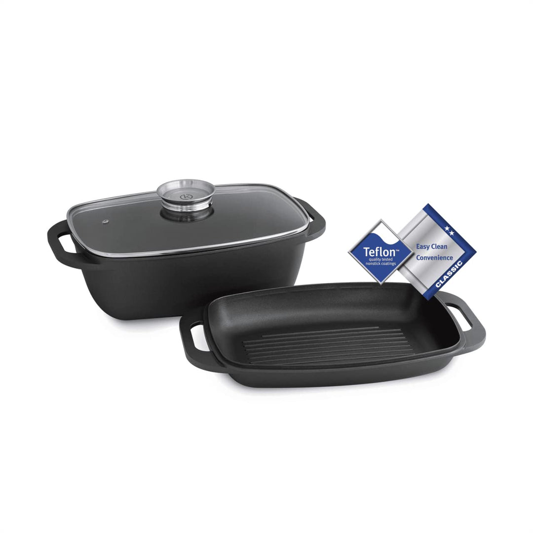 Aluguss Bräter 7 Liter inkl. Grilldeckel mit integr. Aromaknopf, Alugussbräter, Schmorpfanne, Kasser