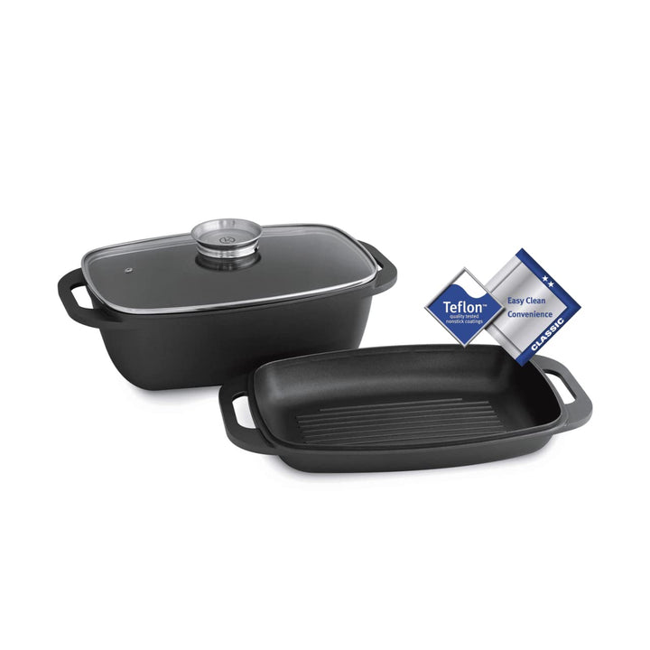 Aluguss Bräter 7 Liter inkl. Grilldeckel mit integr. Aromaknopf, Alugussbräter, Schmorpfanne, Kasser
