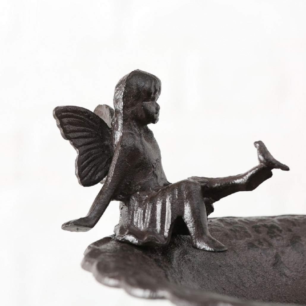 Vogeltränke, Vogelbad mit schöner Feen Figur, aus Gusseisen in antikbraun, mit Standfuss, ca. 30 cm