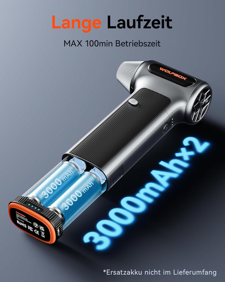WOLFBOX MF200 Elektrisches Staubgebläse mit Abnehmbarem Akku, 87.5 m/s Air Duster Kabellos, 3-Stufen