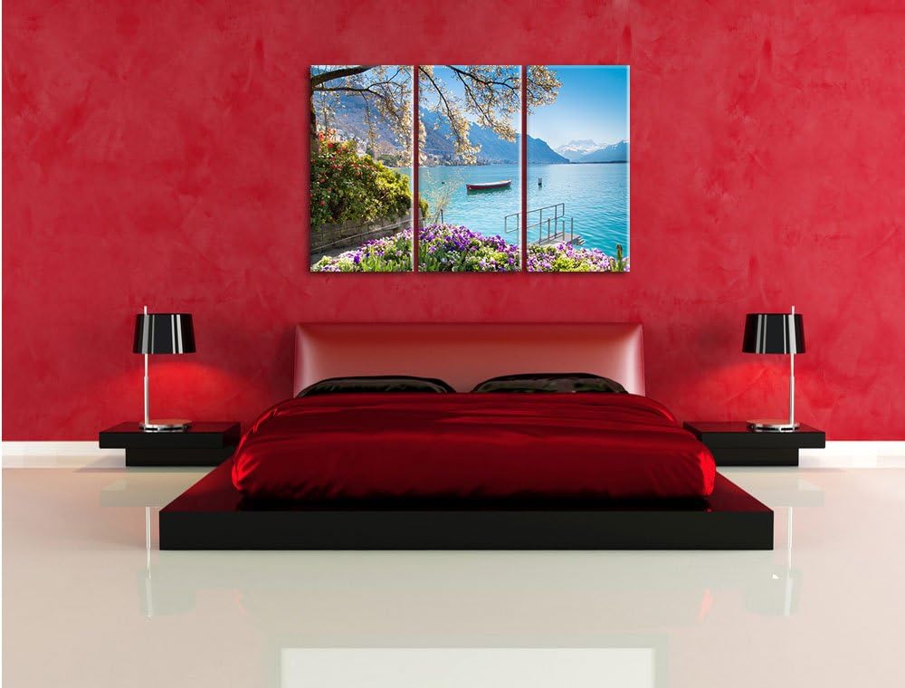 Pixxprint Genfer See im Sonnenschein als Leinwandbild | Grösse: 3 Teilig (120x80) | Wandbild| Kunstd