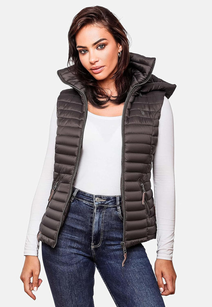 Navahoo Damen Übergangsjacke leichte Steppweste mit Abnehmbarer Kapuze Shadaa XS-3XL XS Anthracite,
