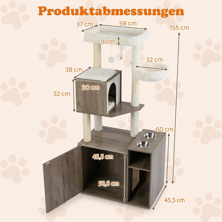COSTWAY Kratzbaum mit Katzenklo Schrank, Katzenschrank für Katzentoilette, Katzenkratzbaum mit Sisal