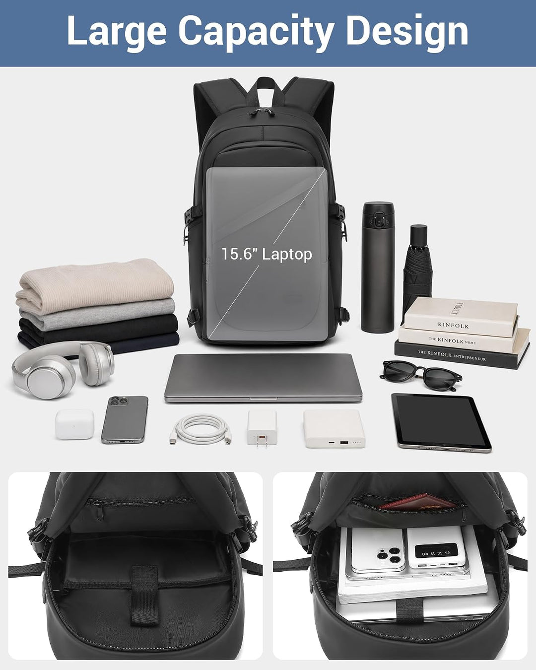 KONO Rucksack Herren, Laptop Rucksack 15,6 Zoll Schulrucksack Teenager Arbeit Laptoptasche mit USB L