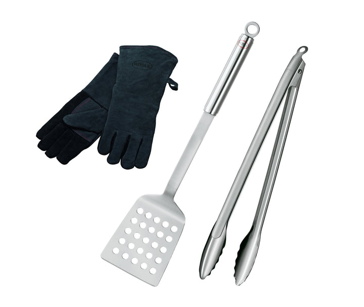 RÖSLE Barbecue-Set 3-tlg., Hochwertiges Grillset mit Leder-Grillhandschuhe, BBQ-Wender, Grillzange 4