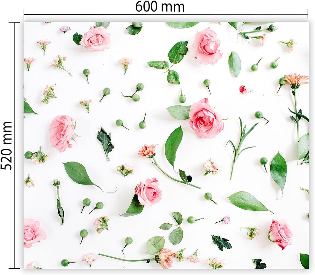 SmartDecoration Herdabdeckplatte Ceranfeldabdeckung aus Glas 60x52 cm Einteilig Motiv "Blumen" Weiss