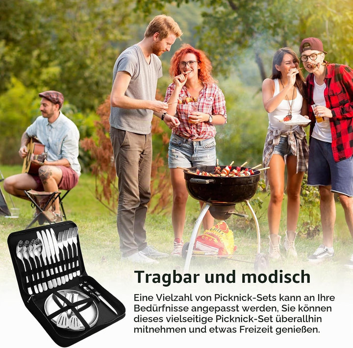 Campingbesteck Set für 4 Personen - Tragbares Edelstahl Outdoor Geschirr Set für Camping, Picknick u