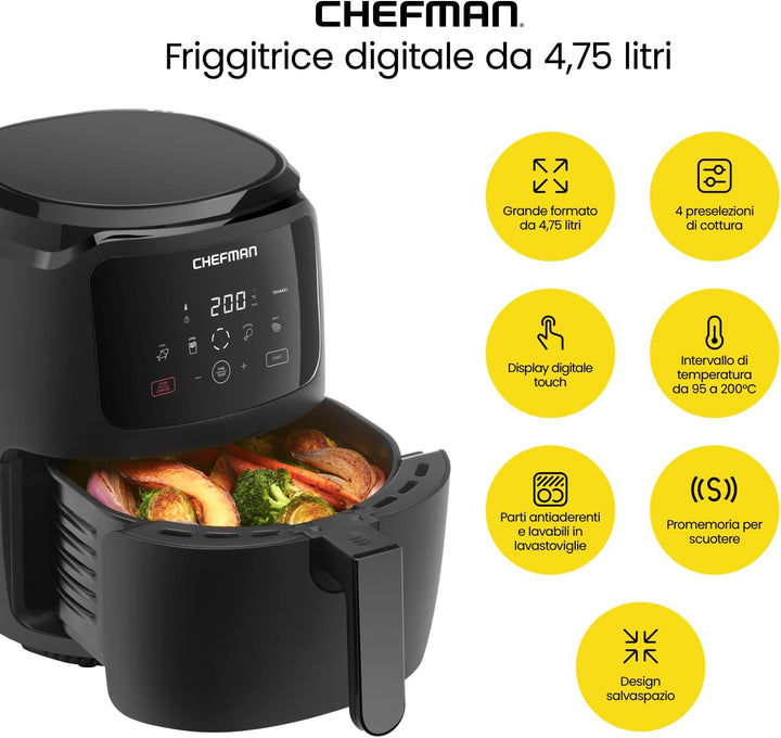 Chefman Digitale Heissluftfritteuse, 4.75 Liter Familiengrösse, One Touch Steuerung, Pommes, Hähnche