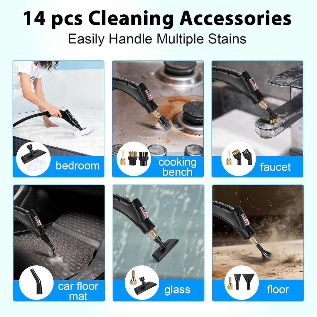 Dampfreiniger Handgerät mit 14 Zubehör, 1500W Mehrzweck Steam Cleaner, Dampfdruck 3Bar, Aufheizzeit