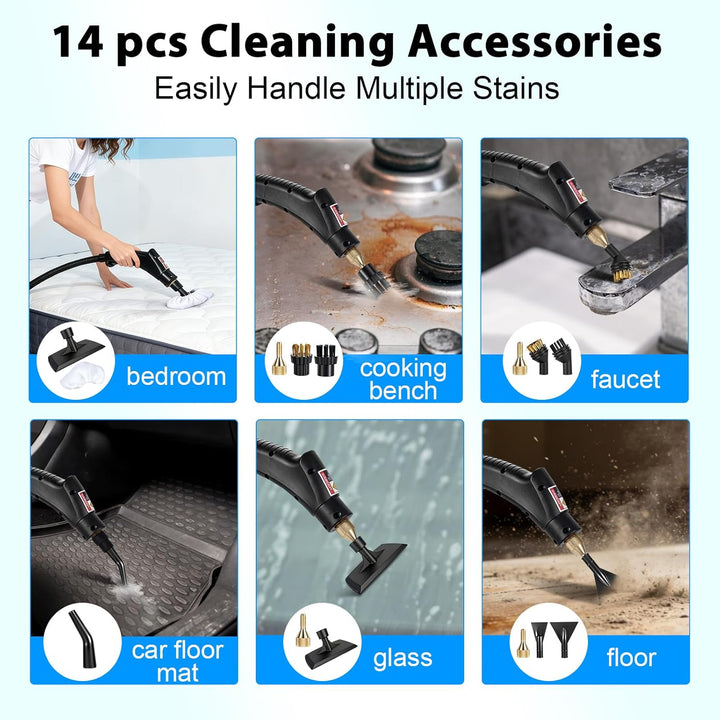 Dampfreiniger Handgerät mit 14 Zubehör, 1500W Mehrzweck Steam Cleaner, Dampfdruck 3Bar, Aufheizzeit