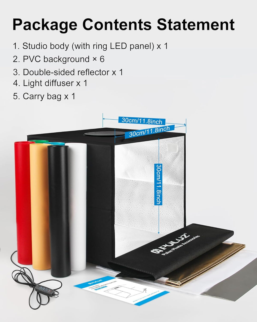 PULUZ Light Box Fotografie, 12 "x 12" professionelles dimmbares Schiesszelt-Kit mit CRI > 95 weisse