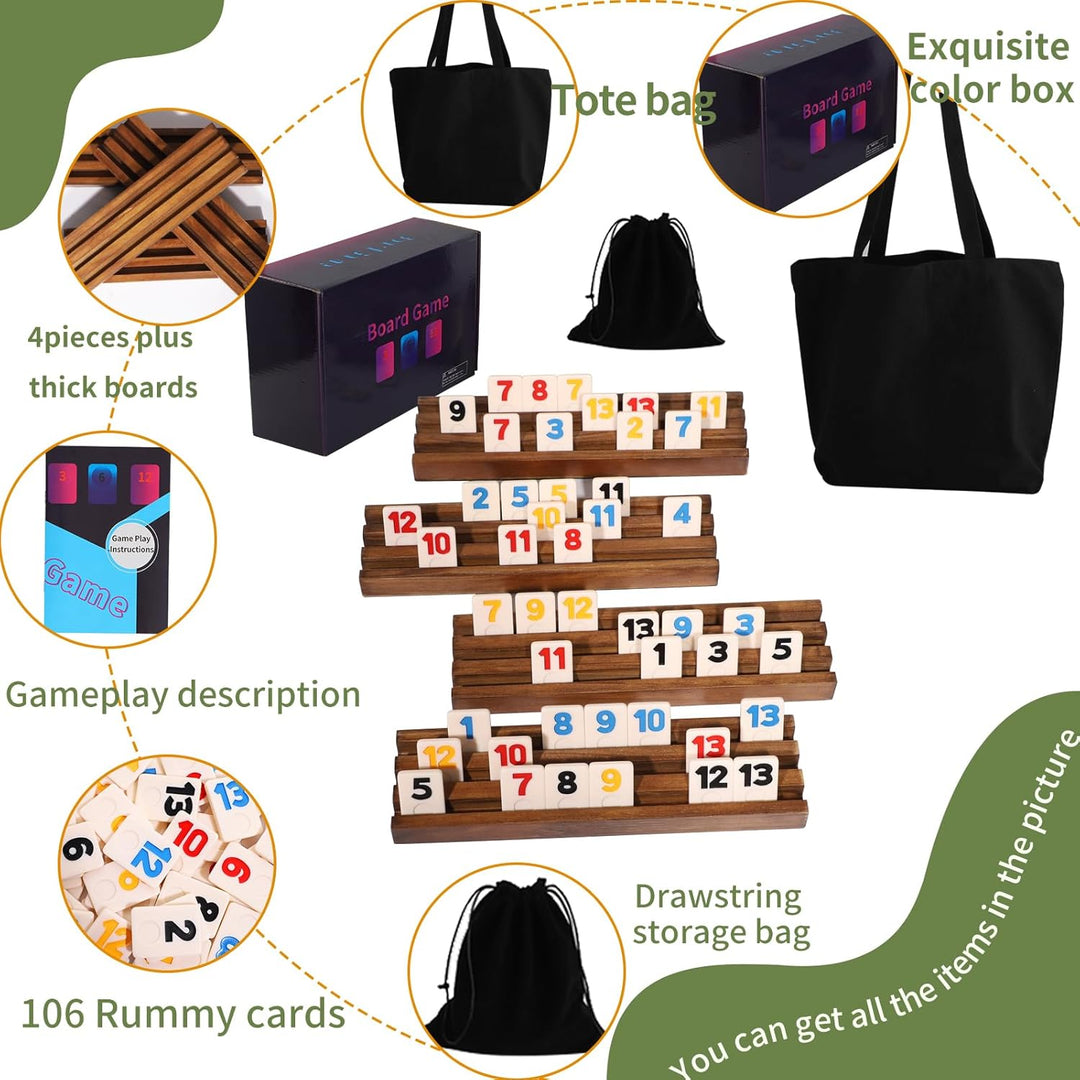 Rummy Cup Original, 4 Player Rummy Cup inklusive 106 Spielsteinen, 4 Holz-Steinehaltern, Kordelzug-A