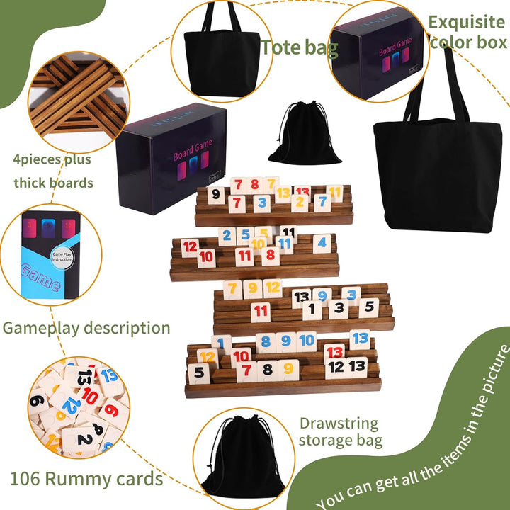 Rummy Cup Original, 4 Player Rummy Cup inklusive 106 Spielsteinen, 4 Holz-Steinehaltern, Kordelzug-A