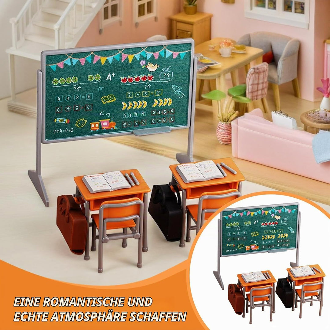TOYANDONA 1 Set Miniatur-Klassenzimmer-Spielset inklusive Schulstuhl, Schreibtisch, Tafel, Buch, Sch