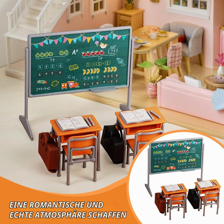 TOYANDONA 1 Set Miniatur-Klassenzimmer-Spielset inklusive Schulstuhl, Schreibtisch, Tafel, Buch, Sch