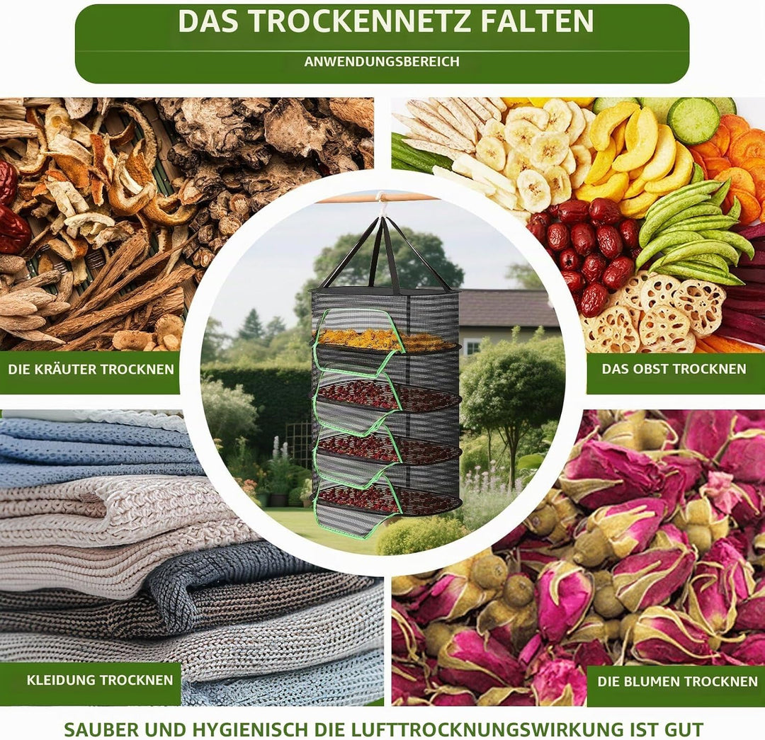 dellyy Frockennetz Kräuter 4-Lagiges, Kräutertrockner Hängend, Klappbar Trocknen Netz, Aufhängen Tro