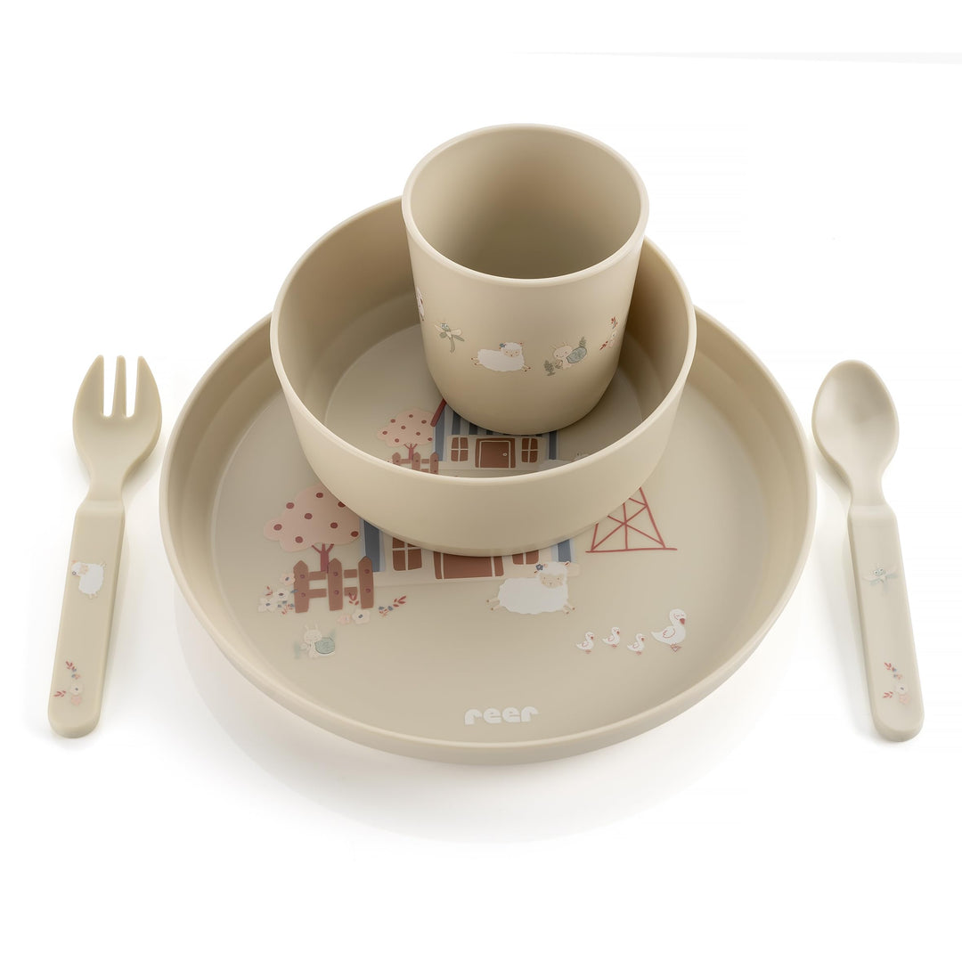 reer Kindergeschirr Set | Motiv: Little Farm | Biokunststoff-Geschirr für Kleinkinder aus 100% ISCC-