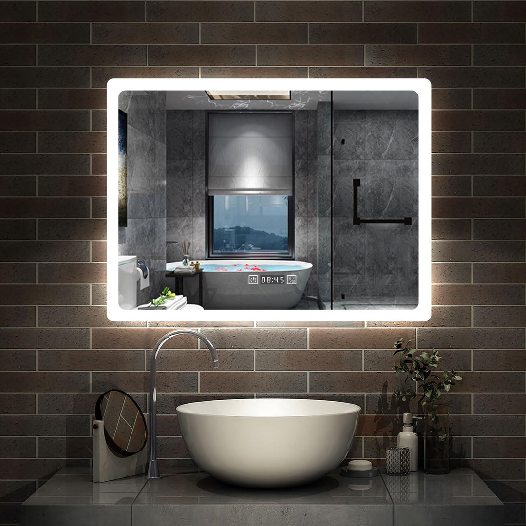 Aica Sanitär LED Badspiegel 80×60cm mit Uhr 3 Lichfarbe dimmbar Memory Wand/Touchschalter Anti-Besch