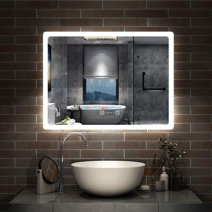 Aica Sanitär LED Badspiegel 80×60cm mit Uhr 3 Lichfarbe dimmbar Memory Wand/Touchschalter Anti-Besch