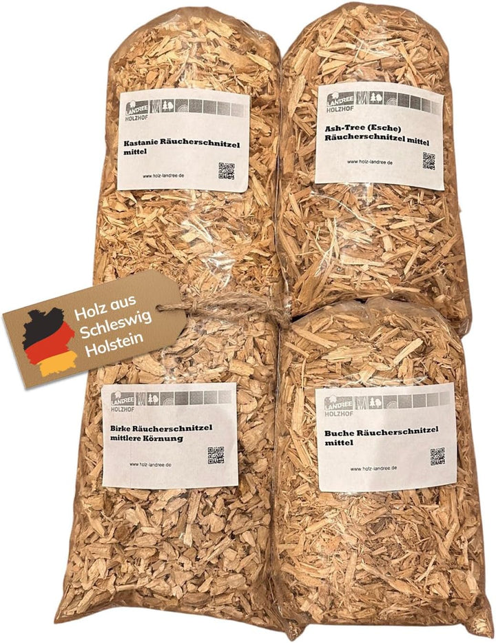 Landree® Starter-Set Räucherschnitzel Geflügel & Fisch – 4x2L Esche, Kastanie, Birke, Buche – BBQ Rä