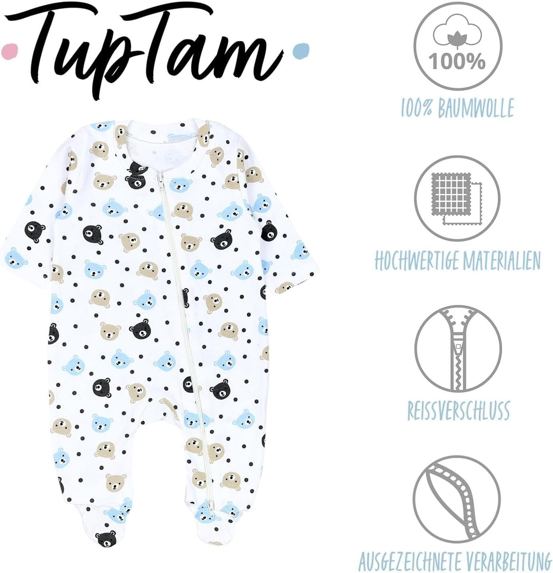 TupTam Unisex Schlafstrampler 3er Pack Baumwolle mit Reissverschluss 56 Bären Hellblau Beige Grau, 5