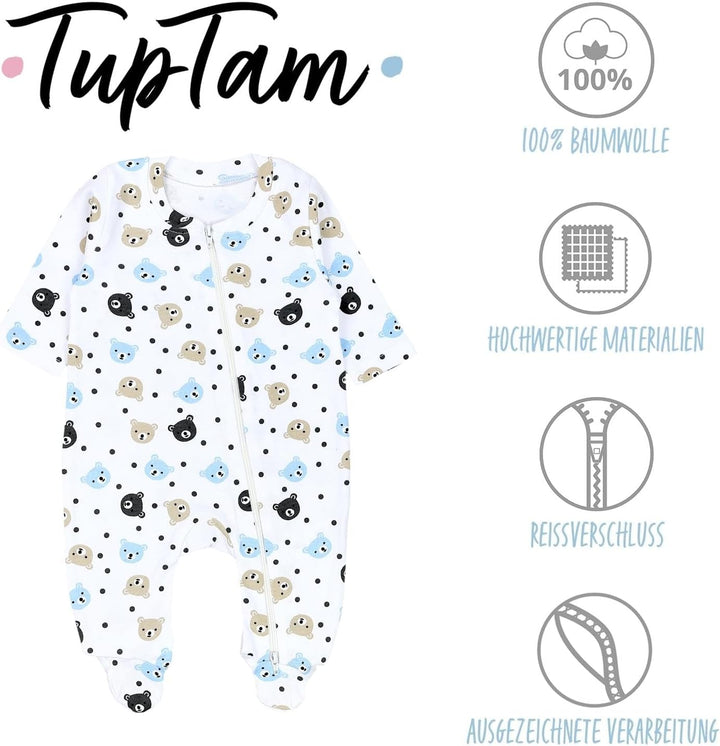 TupTam Unisex Schlafstrampler 3er Pack Baumwolle mit Reissverschluss 56 Bären Hellblau Beige Grau, 5